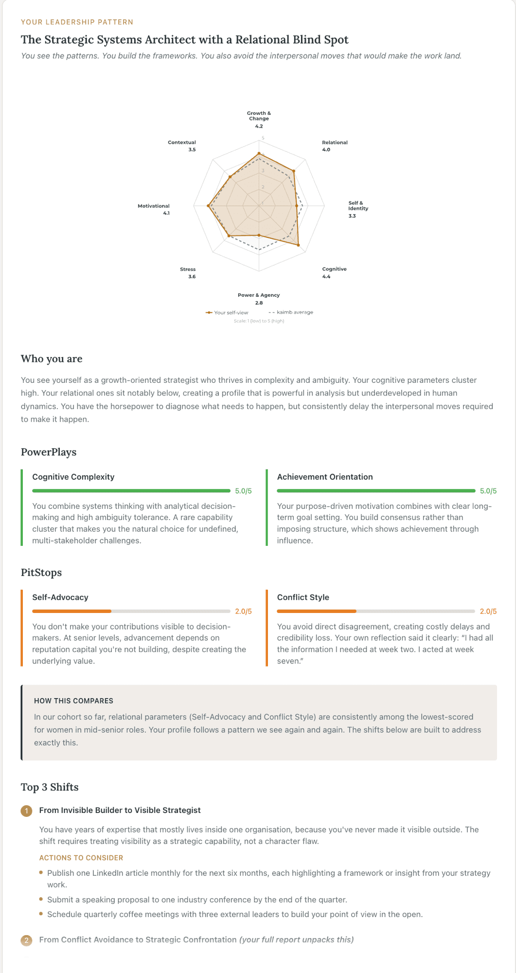 kaimb leadership assessment sample report showing radar chart across 8 dimensions with personal score and kaimb benchmark